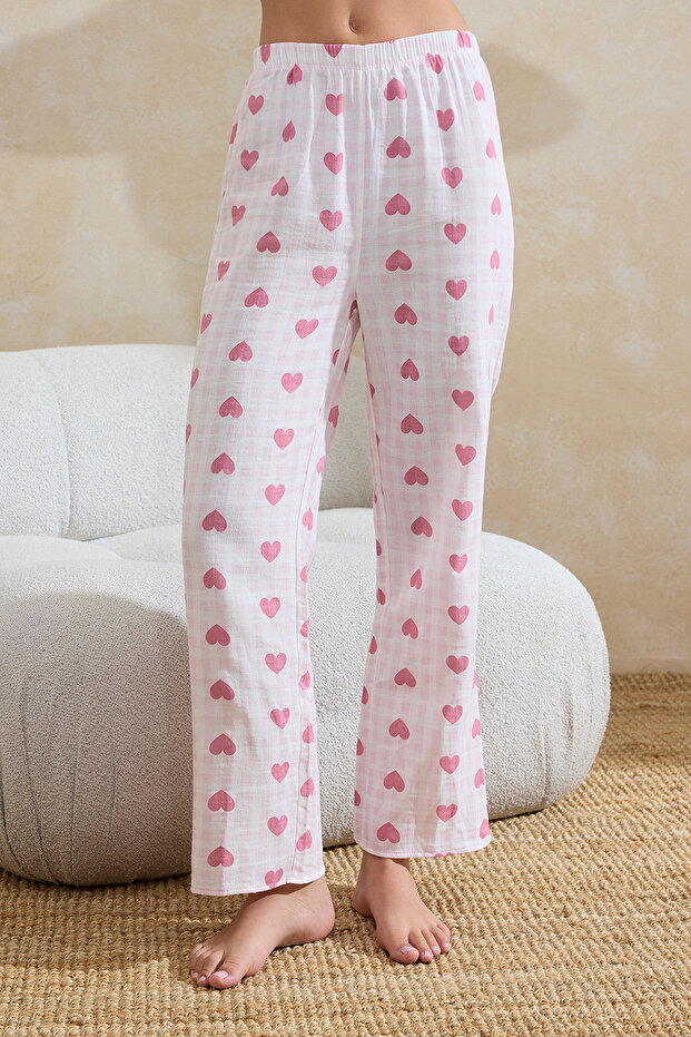 Pembe %100 Pamuklu Kalpli Biye Detaylı Müslin Dokuma Pijama Takımı THMSS26PT00033 - 5