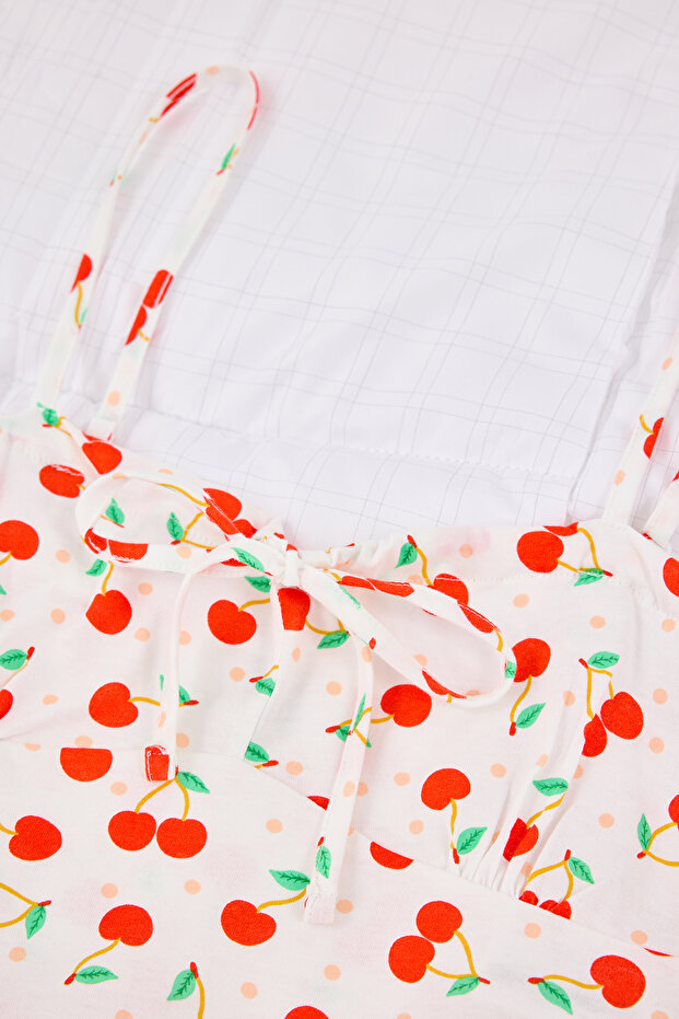 Beyaz %100 Pamuklu Kiraz Desenli İp Askılı Şortlu Örme Pijama Takımı THMSS22PT0649 - 6