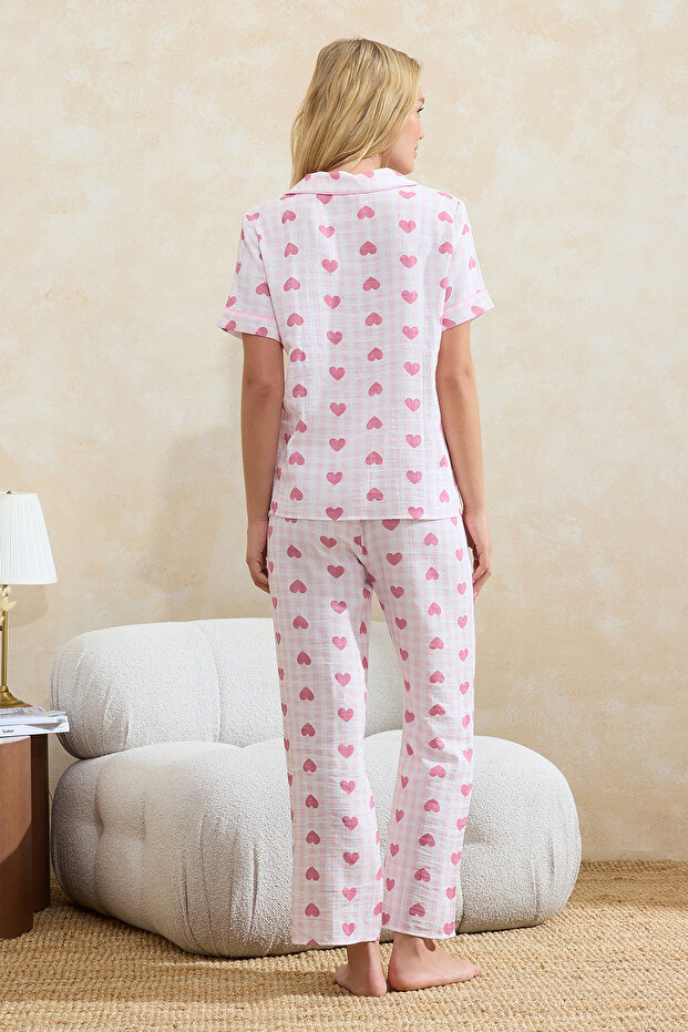 Pembe %100 Pamuklu Kalpli Biye Detaylı Müslin Dokuma Pijama Takımı THMSS26PT00033 - 6