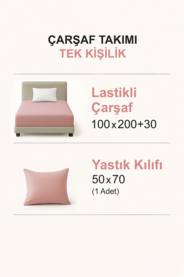 Tek Kişilik Lastikli Kolay Ütülenebilir Çarşaf 100x200+30cm & Tekli Yastık Kılıfı 50x70cm - 5