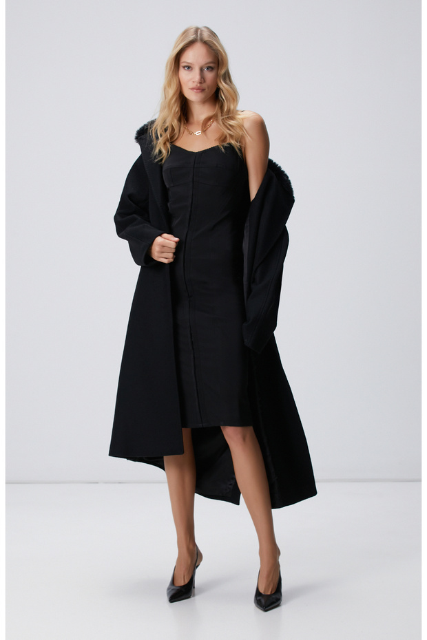 Siyah Askılı Midi Elbise - 1