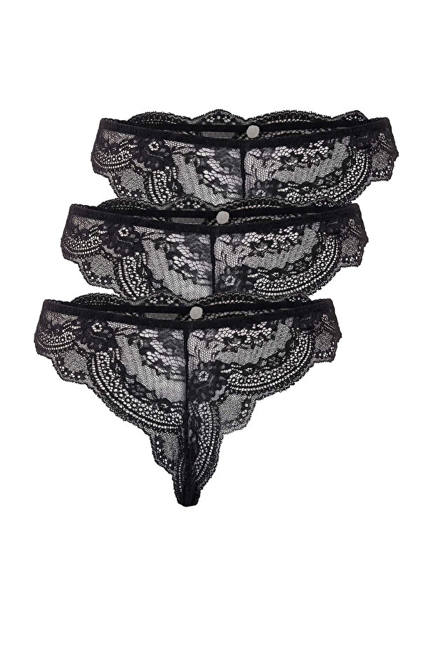 Siyah 3'lü Dantel Tanga Külot THMSS26KU00001 - 5