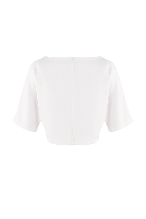 Ekru Relaxed Kayık Yaka Yarasa Kol Truvakar Crop Soft Touch Örme Bluz TWOSS26BZ00059 - 6