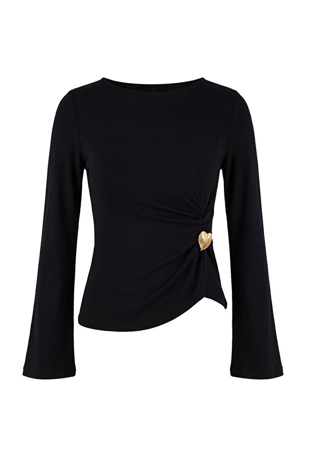 Siyah Fitted/Vücuda Oturan Kayık Yaka Aksesuar Detaylı Yumuşak Örme Bluz TWOSS26BZ00221 - 5