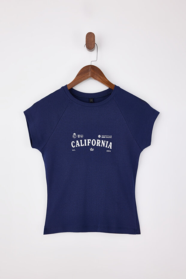 Lacivert Slogan Fitted/Vücuda Oturan Kısa Kollu Pamuk Ribana Örme T-Shirt TWOSS26TS00021 - 5