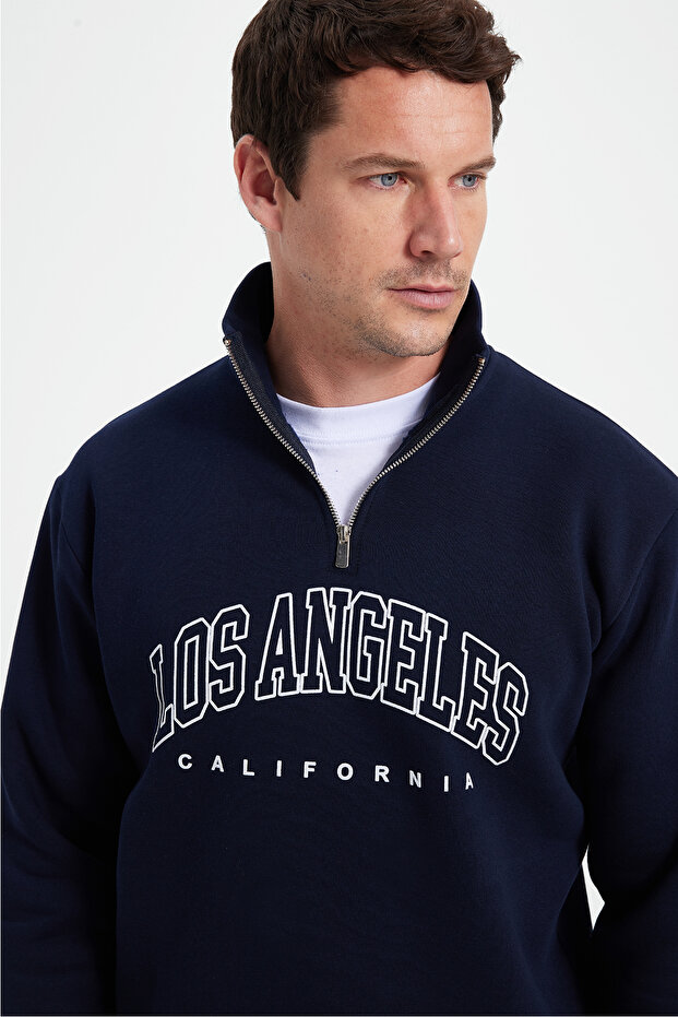 Men's Relax Fit Comfortable Cut Cotton 3 Thread Fleece Half Zipper Ba Printed Dark Blue Sweatshirt