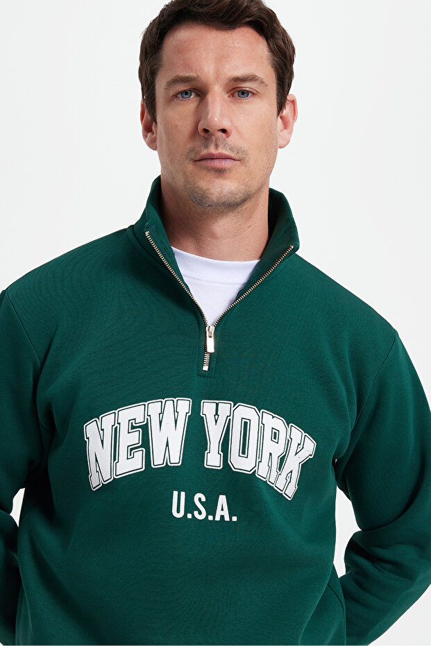 Men's Relax Fit Comfortable Cut Cotton Half Zipper Printed Khaki Sweatshirt
