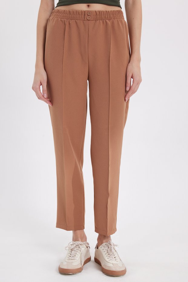 Women's Relax Fit Comfortable Cut High Waist Straight Leg Elastic Waist Beige Trousers