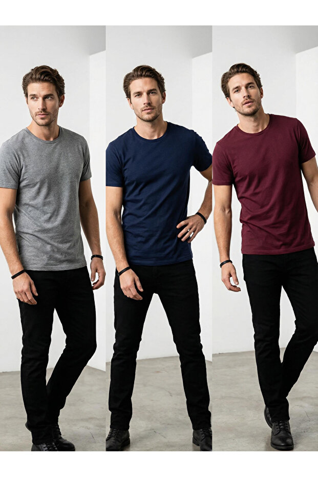 Bordo-Gri-Lacivert 3'lü Paket Slim/Dar Kesim Basic %100 Pamuk Tok Kumaş T-shirt TMNSS19BO0007 - 1