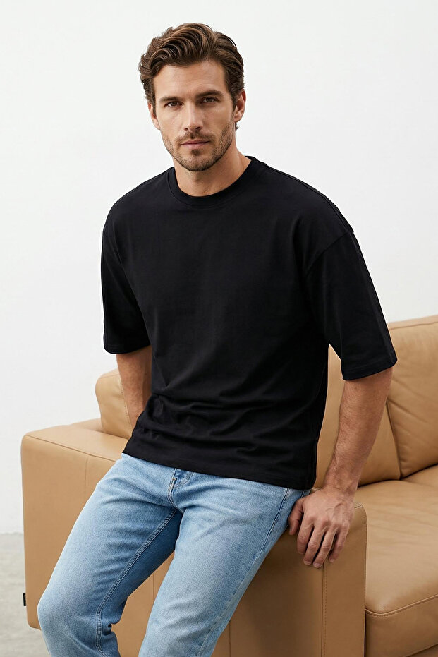 Siyah Loose/Düşük Omuz %100 Pamuklu Basic T-Shirt TMNSS25TS00162 - 1