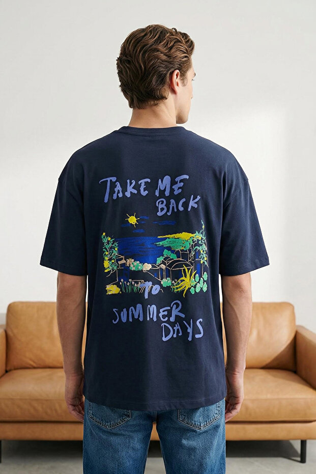 Lacivert 0versize/Geniş Kesim Yazı Baskılı %100 Pamuk T-Shirt TMNSS25TS00064 - 2