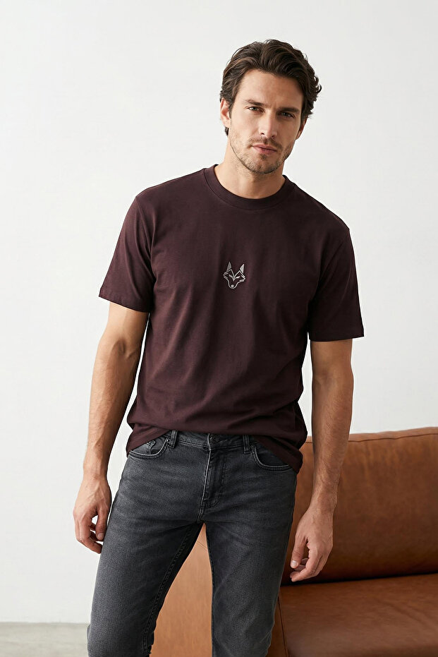 Koyu Kahverengi Regular/Normal Kesim Kurt Nakışlı %100 T-Shirt TMNSS24TS00056 - 2