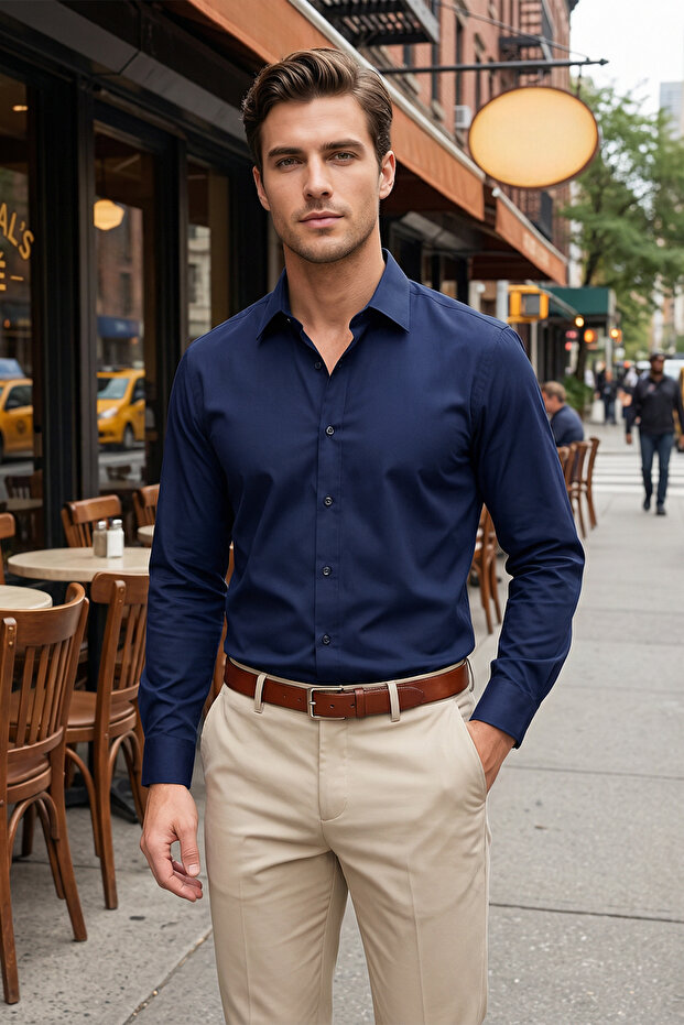Lacivert Slim Fit Kolay Ütülenebilir Smart Erkek Gömlek TMNAW24GO00096 - 1