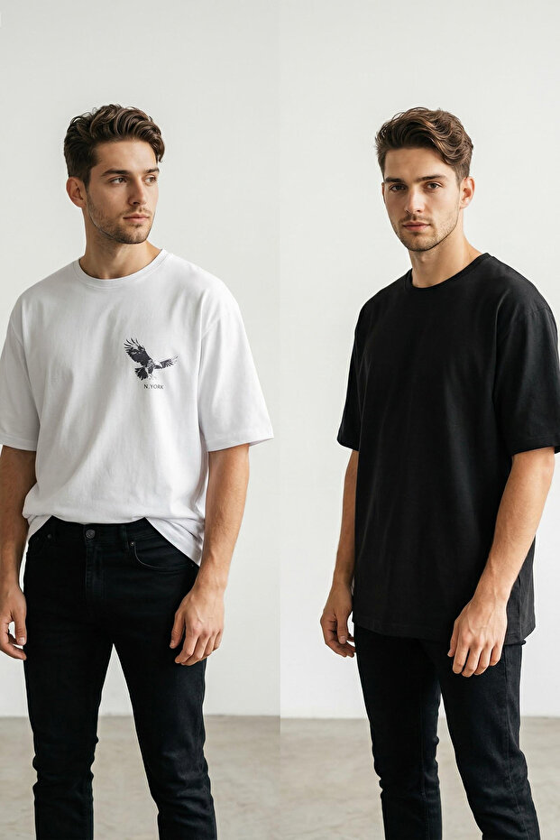 Beyaz-Siyah Oversize/Geniş Kesim 2'li Paket Kartal Baskı-Düz %100 Pamuk T-Shirt TMNSS25TS00214 - 1