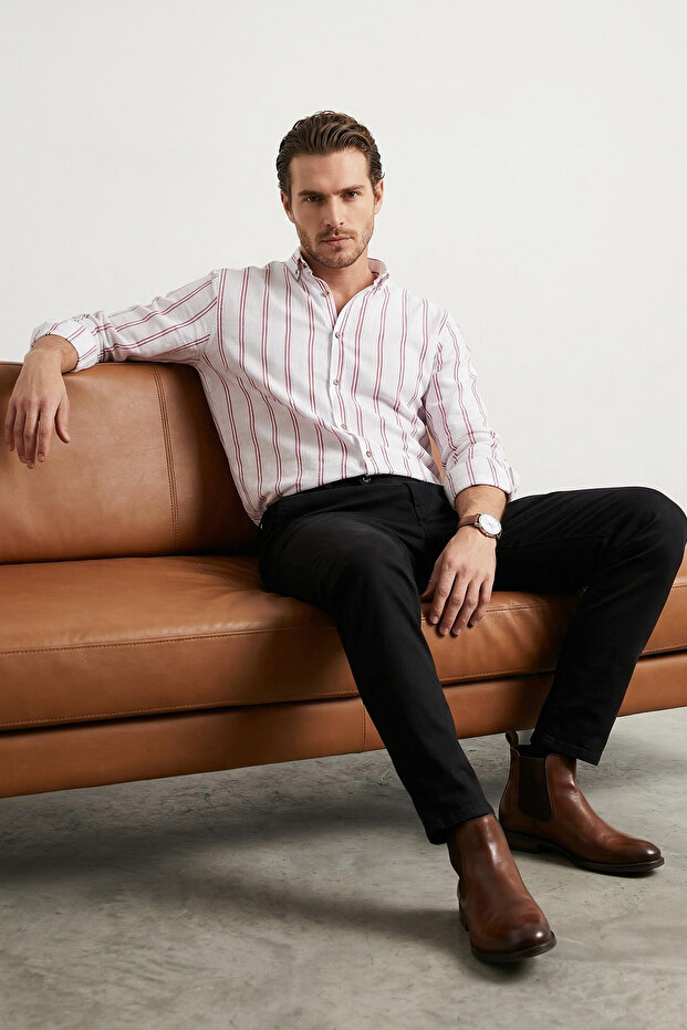 Bordo*001 Slim Fit Düğmeli Yaka İnce Çizgili Gömlek TMNSS20GO0092 - 2