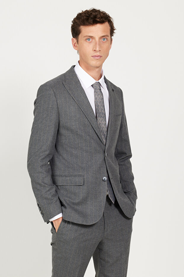 Men's Dark Gray Slim Fit Slim Fit Swallow Collar Striped Suit