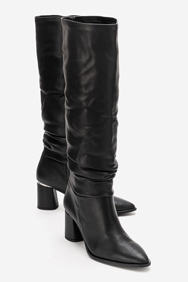 120 Black Skin Gusseted Women's Thick Heeled Boots