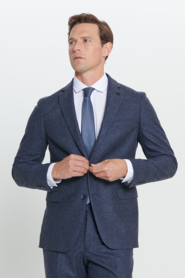 Men's Navy Blue Slim Fit Slim Fit Mono Collar Patterned Wool Suit