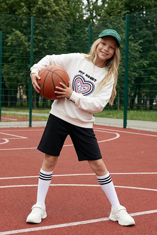 Ecru*003 Girl's Printed Cotton Knitted Sweatshirt Tkdaw25Sw00043