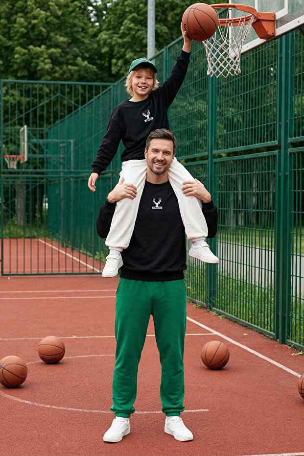 Siyah Erkek Çocuk Polar Baba-Oğul Baskılı Örme Mini Me Sweatshirt TKDAW25SW00054 - 2