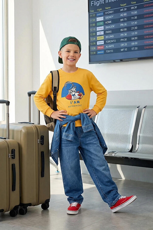 Yellow Male Child Seasonal-Thin Galactic Pattern Crew Neck Knitted Sweatshirt Tkdaw25Sw00005