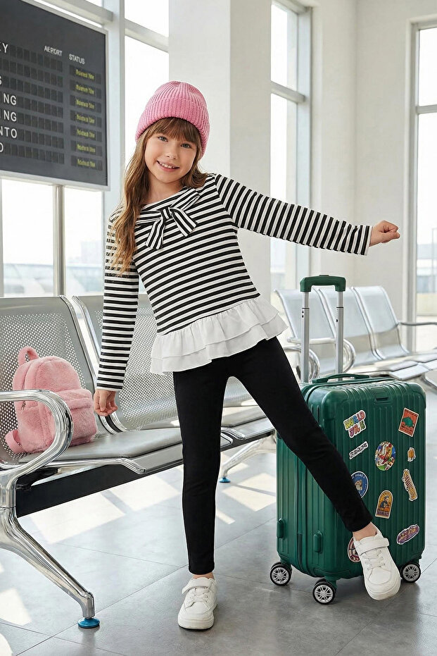 Siyah Pamuklu Kız Çocuk Çizgili Örme Sweatshirt Eşofman Alt-Üst Takım TKDAW25AU00053