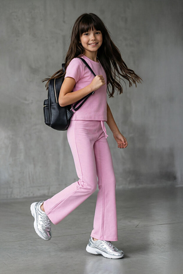 Pembe Kız Çocuk Pamuklu Basic Flare Paça Kısa Kol Esnek Örme Alt-Üst Takım TKDSS25AU00136 - 2