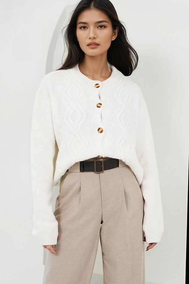 Ecru Crew Neck Soft Textured Knitwear Cardigan Alc-X14855