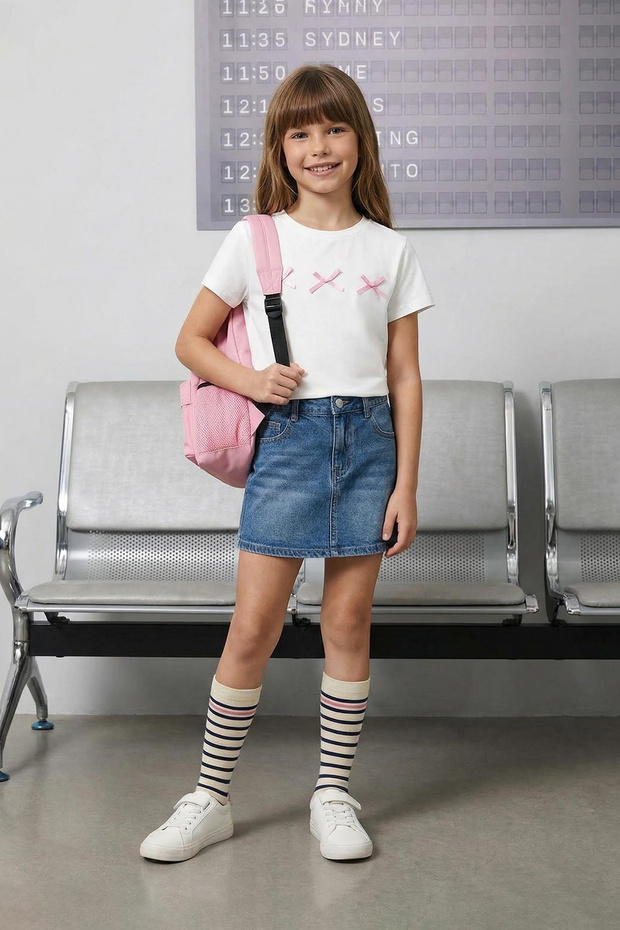 Ekru Kız Çocuk %100 Pamuk Kurdele Detaylı Kısa Kol Örme T-Shirt TKDSS25TS00105 - 1