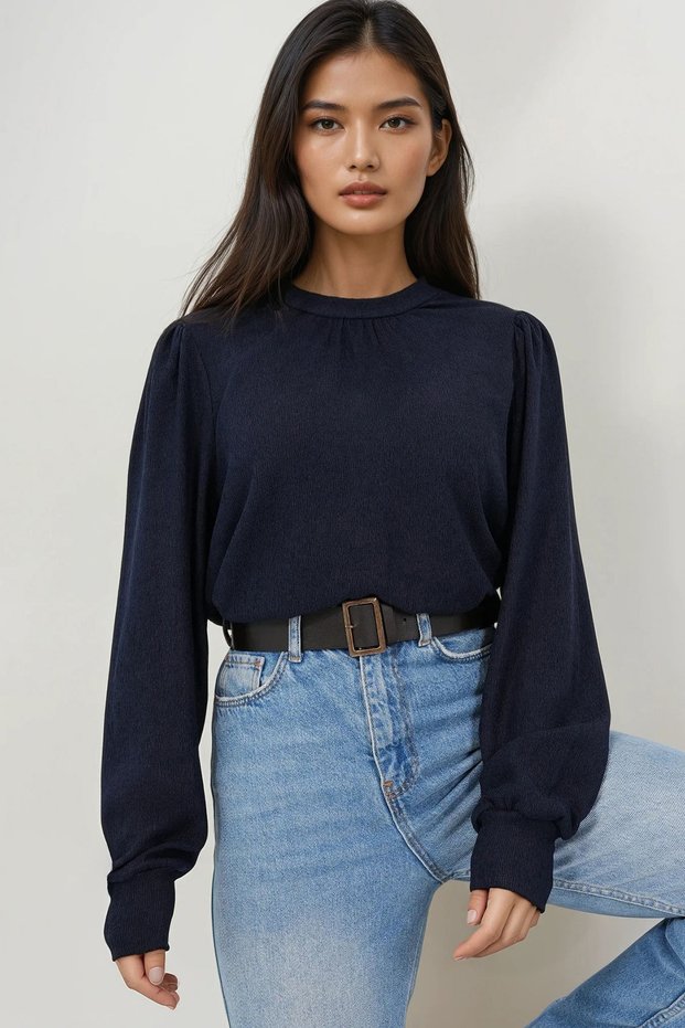 Navy Blue Crew Neck Princess Sleeve Cuff Detailed Woven Blouse Alc-X14863