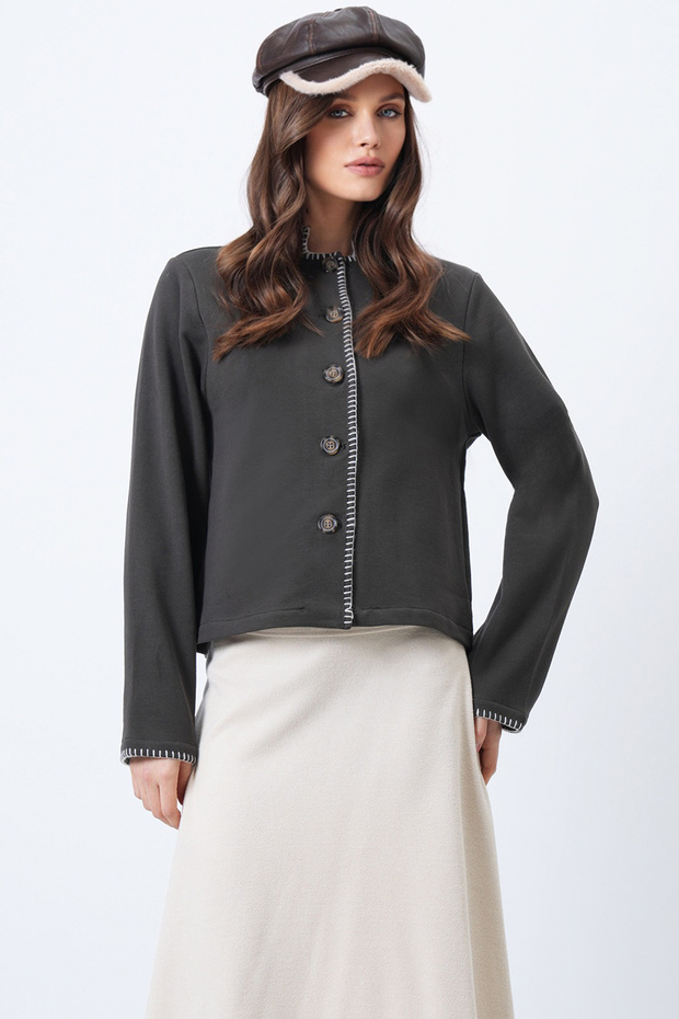 Dark Brown Hakim Collar Shepherd Stitched Cardigan Alc-X14726