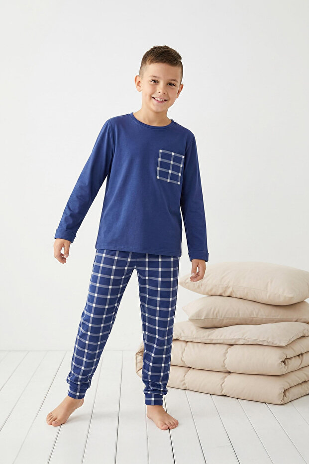 Lacivert Erkek Çocuk Ekose / Kareli Örme Pijama Set Alt-Üst Takım TKDAW25AU00113 - 1