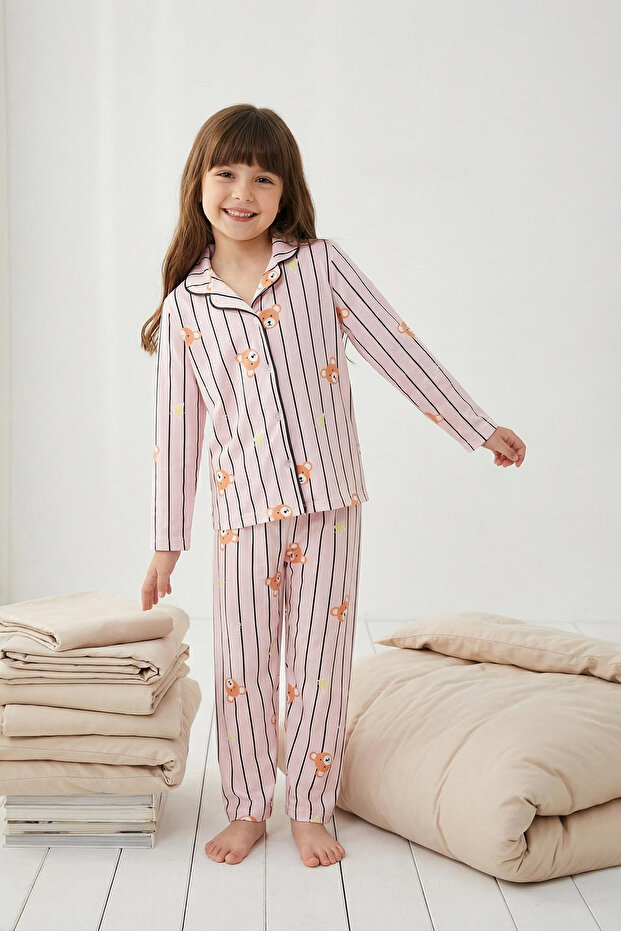 Pudra Yumuşak Dokulu Kız Çocuk Baskılı Örme Pijama Takım TKDAW25AU00126 - 1