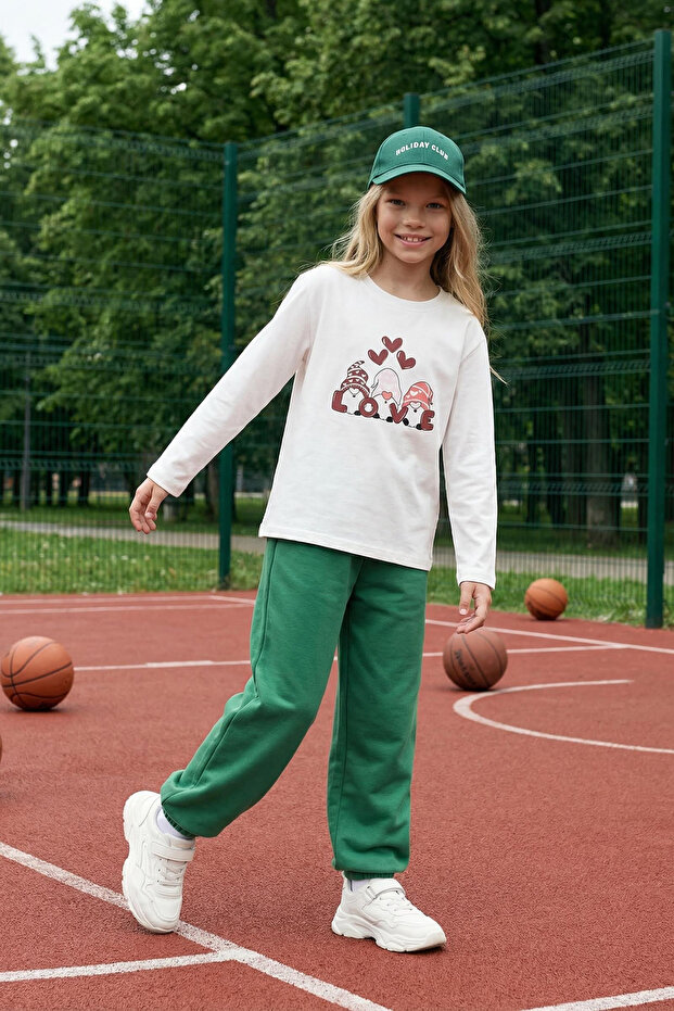 Ekru Kız Çocuk Kalp Desenli Bisiklet Yaka Pamuklu Örme T-Shirt TKDAW25TS00010 - 1