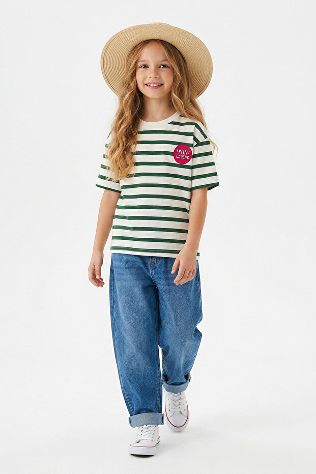 Yeşil Çizgili Örme T-Shirt TKDSS25TS00037 - 5