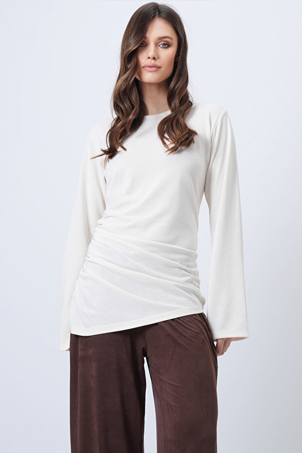 Women's Ecru Crew Neck Asymmetrical Cut Long Tunic Alc-X14705