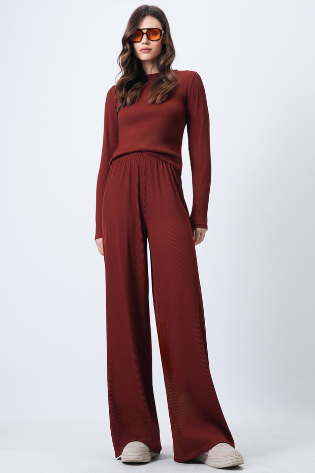 Women's Tile Crew Neck Blouse and Palazzo Pants Double Knitted Suit Alc-X12480