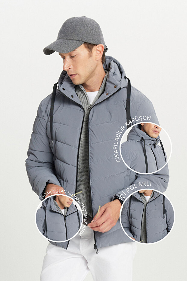 Men's Gray Padded Standard Fit Regular Cut Stand Collar Hooded Side Pocket Jacket Coat