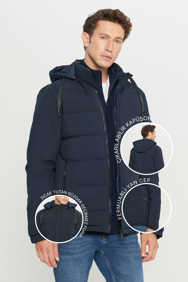 Men's Navy Blue Warm Padded Standard Fit Stand Collar Hooded Casual Coat with Side Pockets