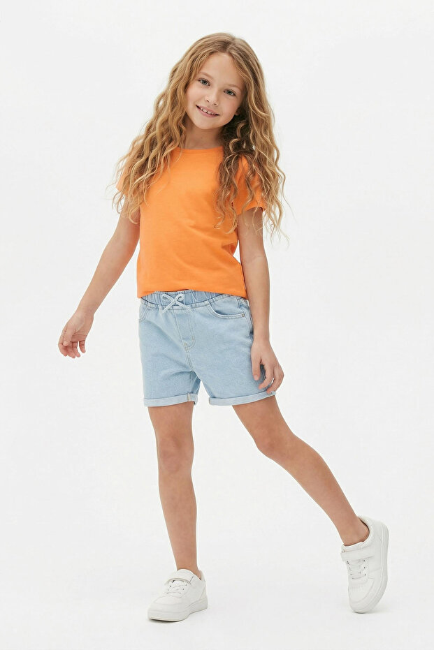 Açık Mavi Kız Çocuk Pamuklu Lastikli Denim Şort TKDSS25SR00018 - 1