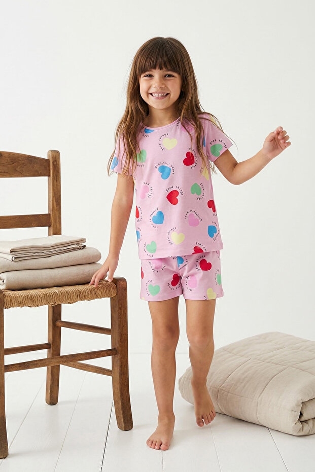 Pembe Kız Çocuk Kalp Desenli Bisiklet Yaka Alt Üst Örme Pijama Takımı TKDSS25PT00006 - 2