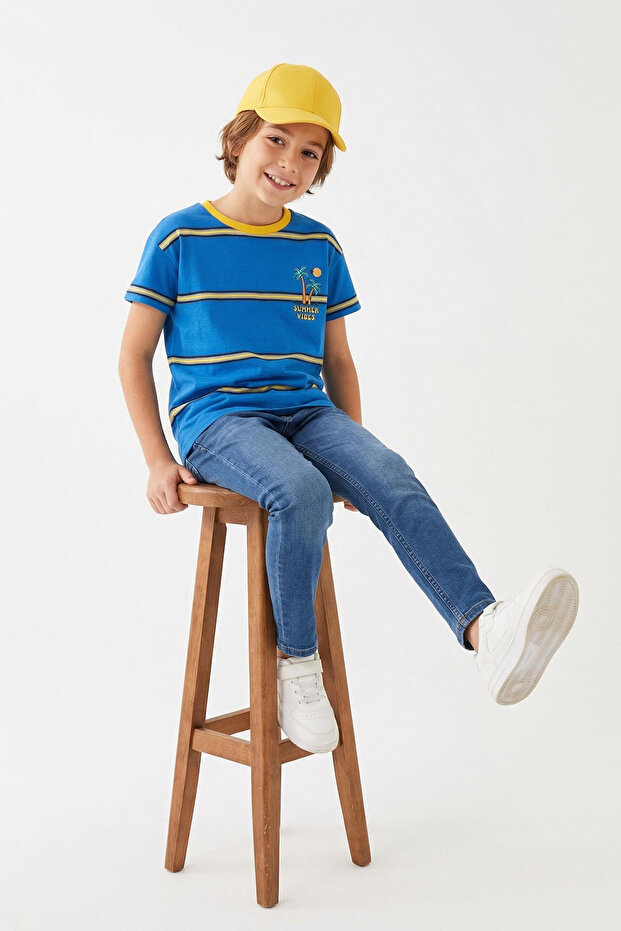 Mavi Pamuklu Çizgili Baskılı Regular/Normal Kalıp Kısa Kol Örme T-Shirt TKDSS25TS00063 - 2