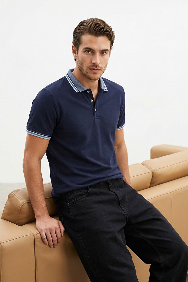 Lacivert Slim/Dar Kesim %100 Polo Yaka T-shirt TMNSS22PO00014 - 1