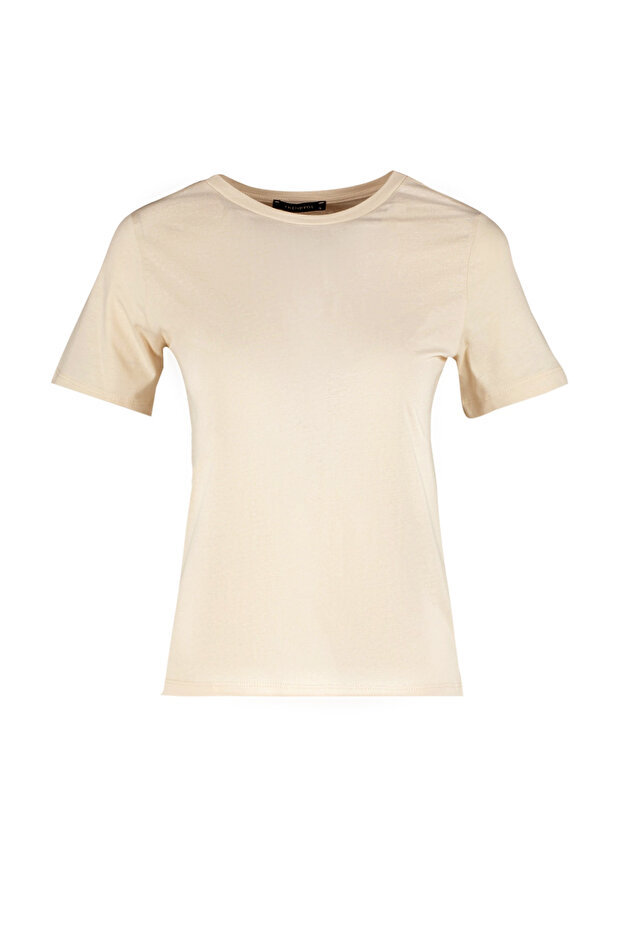 Açık Bej %100 Pamuk Basic Bisiklet Yaka Örme T-Shirt TWOSS23TS00000 - 6