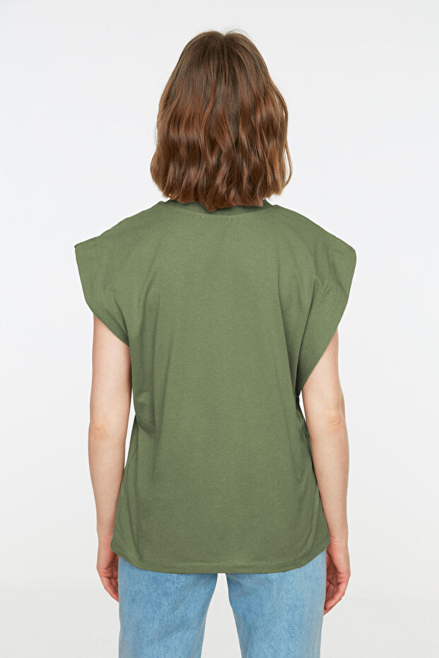Haki %100 Pamuk Vatka Görünümlü Basic Bisiklet Yaka Örme T-Shirt TWOSS20TS0021 - 5