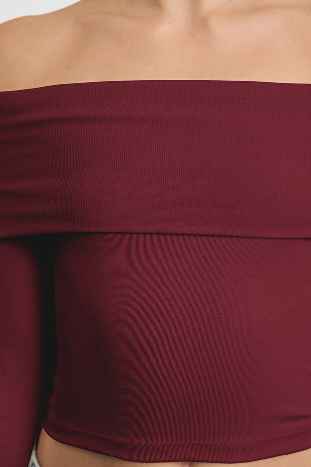 Bordo Carmen Yaka Fitted/Vücuda Oturan Crop Esnek Örme Bluz TWOAW25BZ00008 - 4