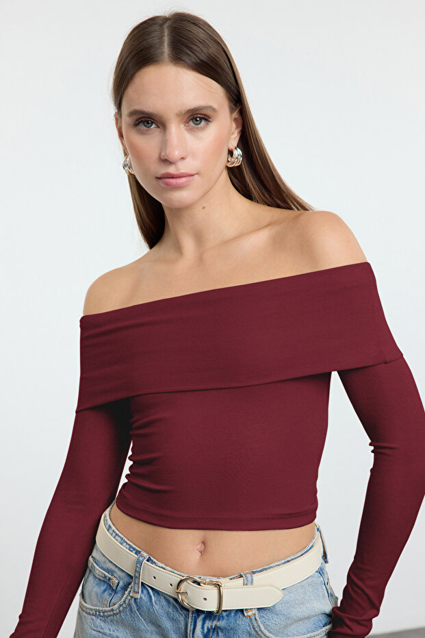 Bordo Carmen Yaka Fitted/Vücuda Oturan Crop Esnek Örme Bluz TWOAW25BZ00008 - 2
