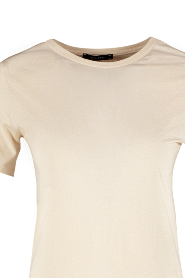 Açık Bej %100 Pamuk Basic Bisiklet Yaka Örme T-Shirt TWOSS23TS00000 - 7