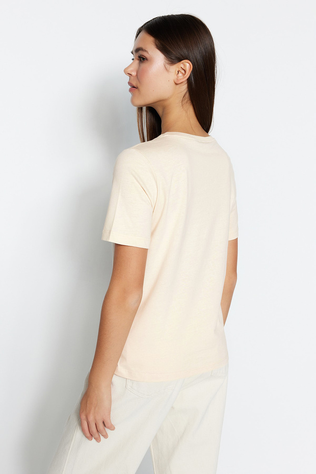 Açık Bej %100 Pamuk Basic Bisiklet Yaka Örme T-Shirt TWOSS23TS00000 - 5