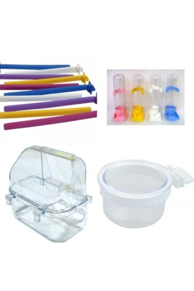 Parakeet Cage Inner Set (Feeder + 1 Clamp-On Food Bowl + 2 Drinking Bowls + Water Bowl)